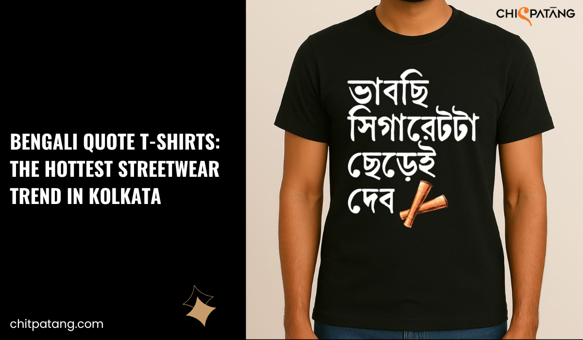 Man wearing a black Bengali quote T-shirt with stylish typography, showcasing popular streetwear fashion trend in Kolkata.
