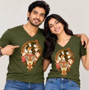 Shinghabahini, Durga Pujo 100% Cotton V-Neck T-Shirt