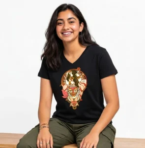 Shinghabahini, Durga Pujo 100% Cotton V-Neck T-Shirt