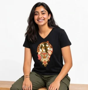 Shinghabahini, Durga Pujo 100% Cotton V-Neck T-Shirt